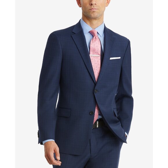 Tommy Hilfiger Men's Modern-Fit Flex Plaid Wool Suit Jacket Navy 44XL B4HP $450